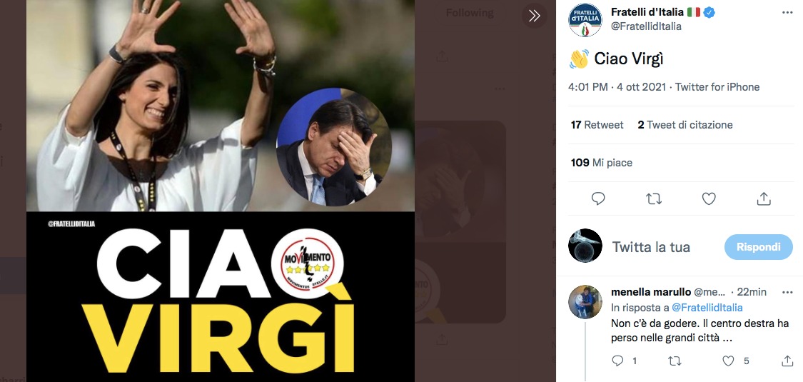 Roma, Fratelli d’Italia su Twitter ‘saluta’ Raggi: “Ciao Virgì” ma dopo proiezioni cancella post