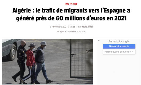 Algeria:  il traffico di migranti verso la Spagna ha generato quasi 60 milioni di euro dall’inizio del 2021