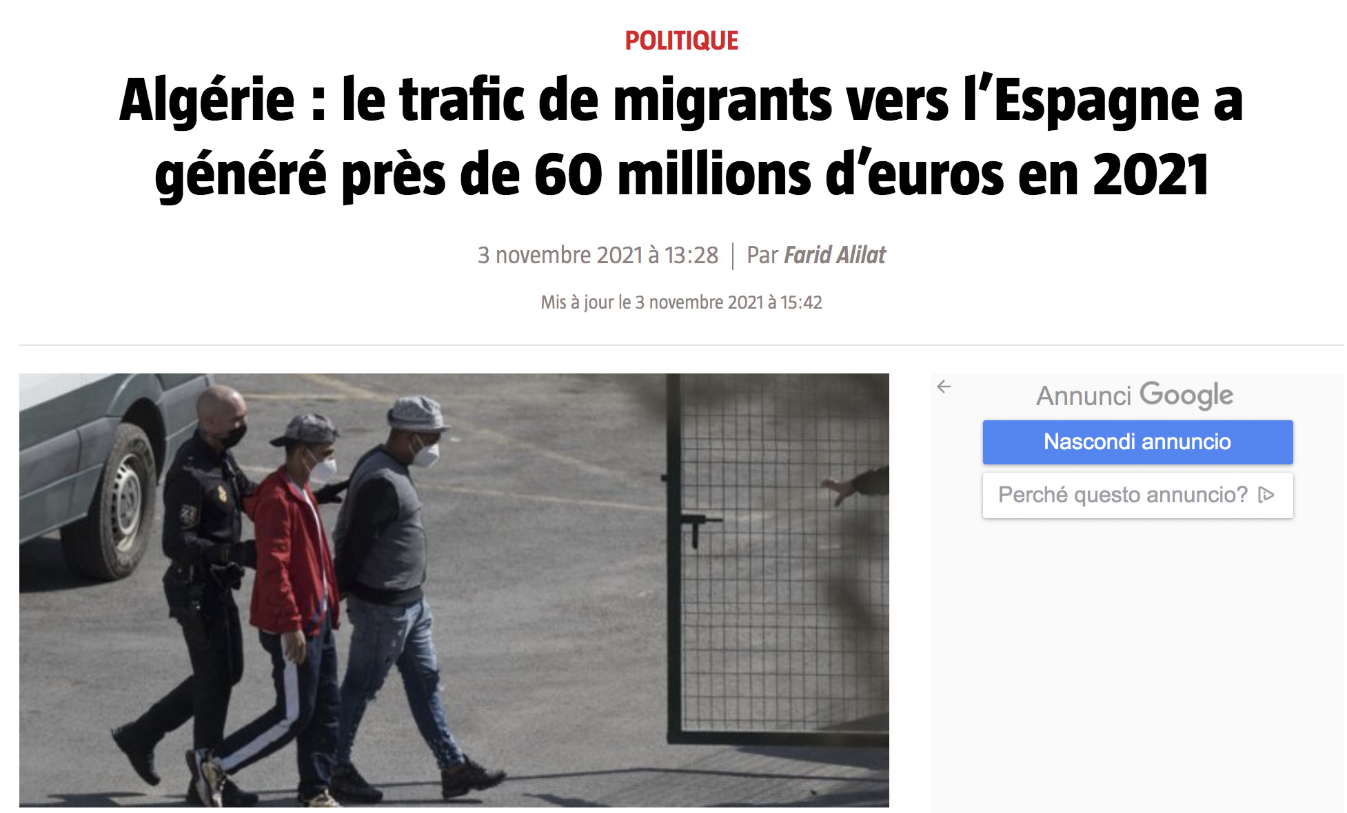 Algeria:  il traffico di migranti verso la Spagna ha generato quasi 60 milioni di euro dall’inizio del 2021