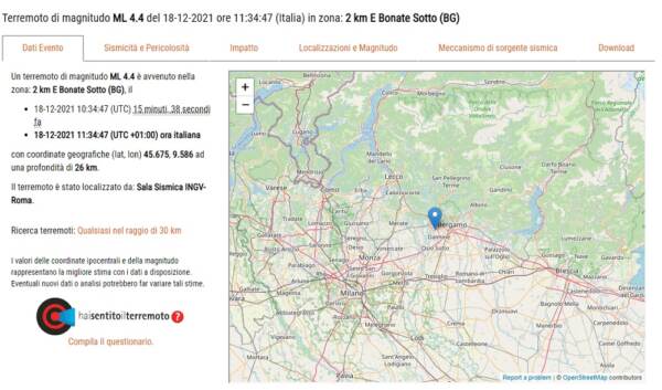 Scossa di terremoto di 4.4 nella bergamasca: avvertita anche a Milano. Non ci sono danni né feriti