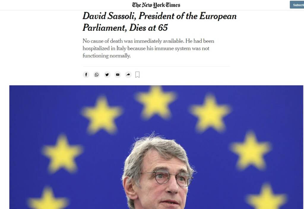 Galleria foto 'La morte di David Sassoli sui giornali stranieri' - foto 2