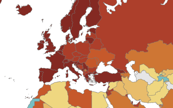 Covid: mappa Ecdc, tutta l'Europa in rosso e rosso scuro