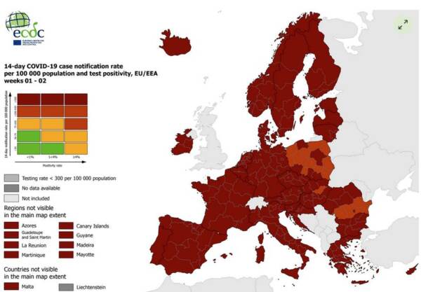 Covid: mappa Ecdc, tutta l’Italia e quasi tutta Europa in rosso scuro