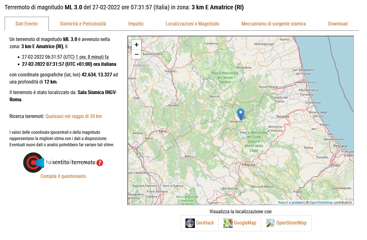 Terremoto: registrata scossa di magnitudo 3 ad Amatrice