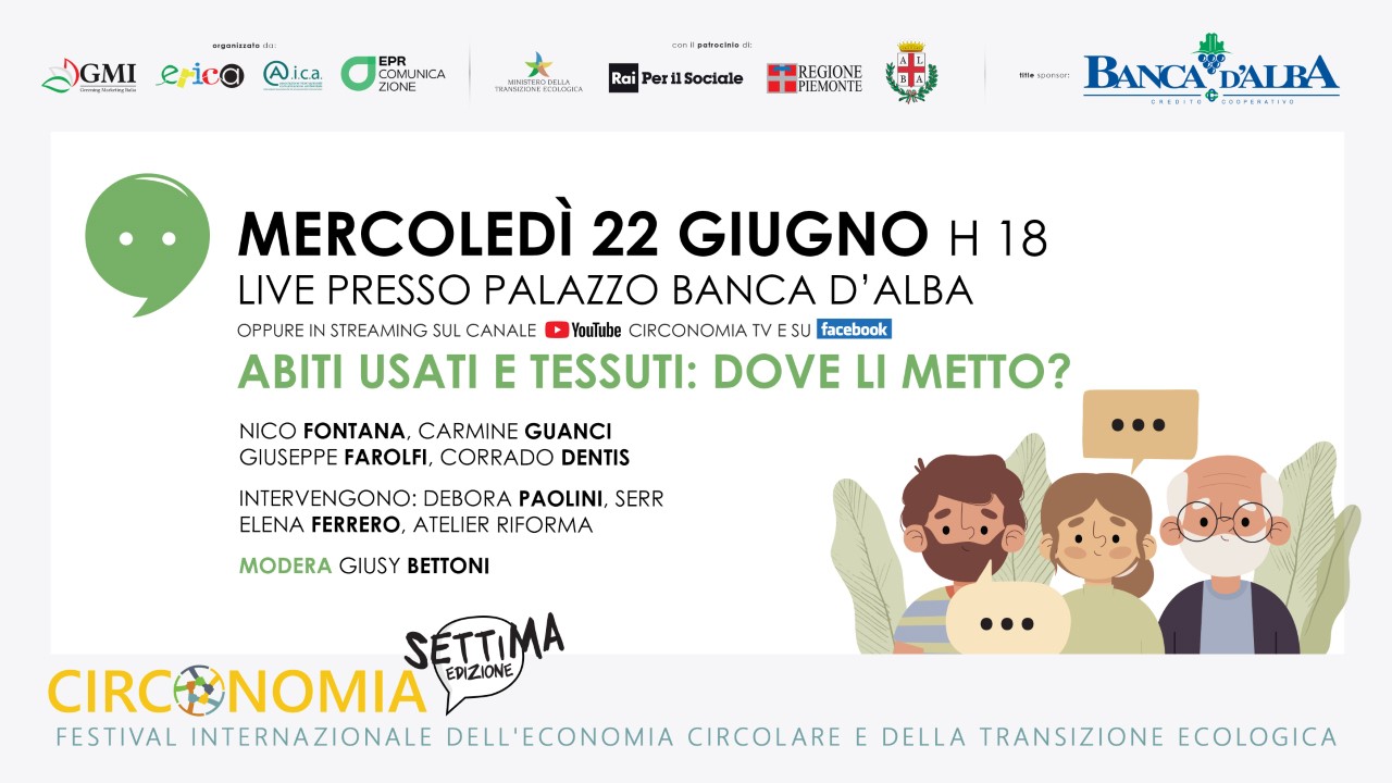 “Abiti usati e tessuti: dove li metto?”: l’AperiTalk di Circonomia il 22 giugno alle 18 “Abiti usati e tessuti: dove li metto?”: l’AperiTalk di Circonomia il 22 giugno alle 18