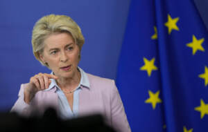 Bruxelles, conferenza stampa della presidente della Commissione europea Ursula von der Leyen