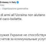 Ucraina, l’ambasciata russa a Roma: “Armi a Kiev non risolvono caro-bollette”