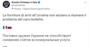 Ucraina, l’ambasciata russa a Roma: “Armi a Kiev non risolvono caro-bollette”