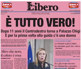 Governo, ‘Libero’ in rosa per Meloni