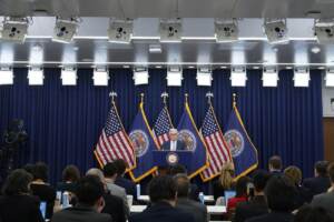 Washington - Il presidente della Federal Reserve Jerome Powell in conferenza stampa