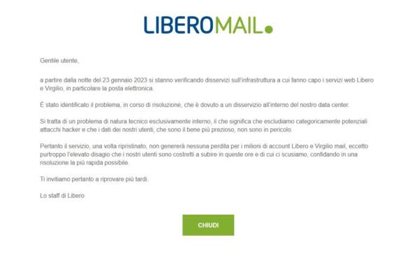 Web, posta LiberoMail bloccata da ore