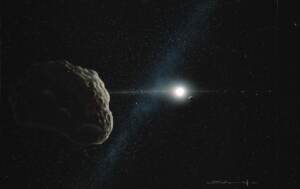 illustrazione di un asteroide, orizzontale, colore, luce, stelle, spazio, cosmo, sistema solare, cratere