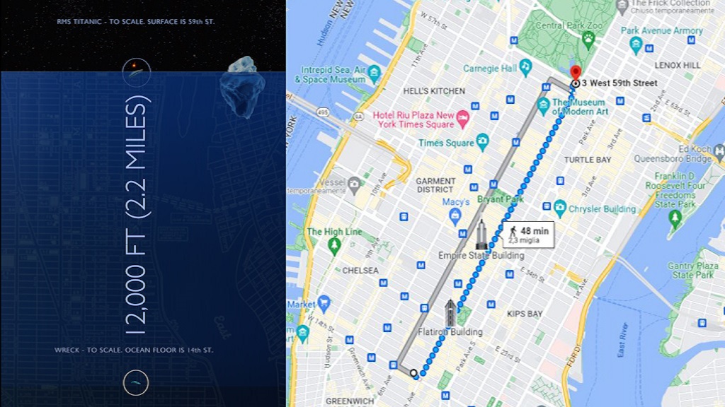 Sommergibile disperso, la profondità del Titanic comparata a New York Sommergibile disperso, la profondità del Titanic comparata a New York