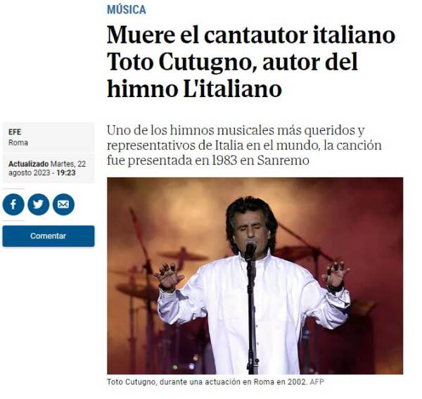 Toto Cutugno, la notizia della morte sui media di tutto il mondo