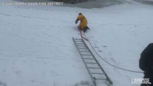 Usa, il pompiere salva il cane dal laghetto ghiacciato