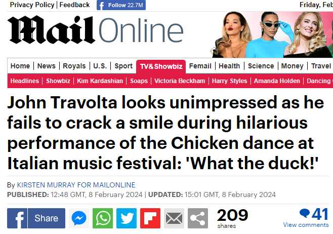 Sanremo, il ‘Ballo del qua qua’ di Travolta e Amadeus finisce sul Daily Mail