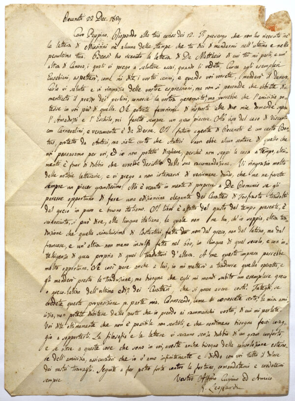 Napoli, Biblioteca Nazionale acquisisce preziosa lettera Leopardi
