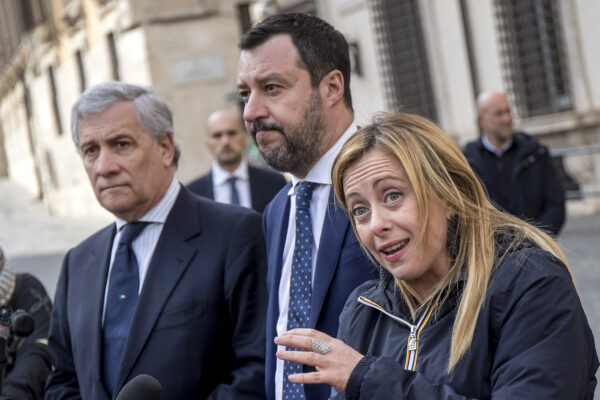 Coronavirus: Tajani, Salvini e Meloni in conferenza stampa all'esterno di Palazzo Chigi