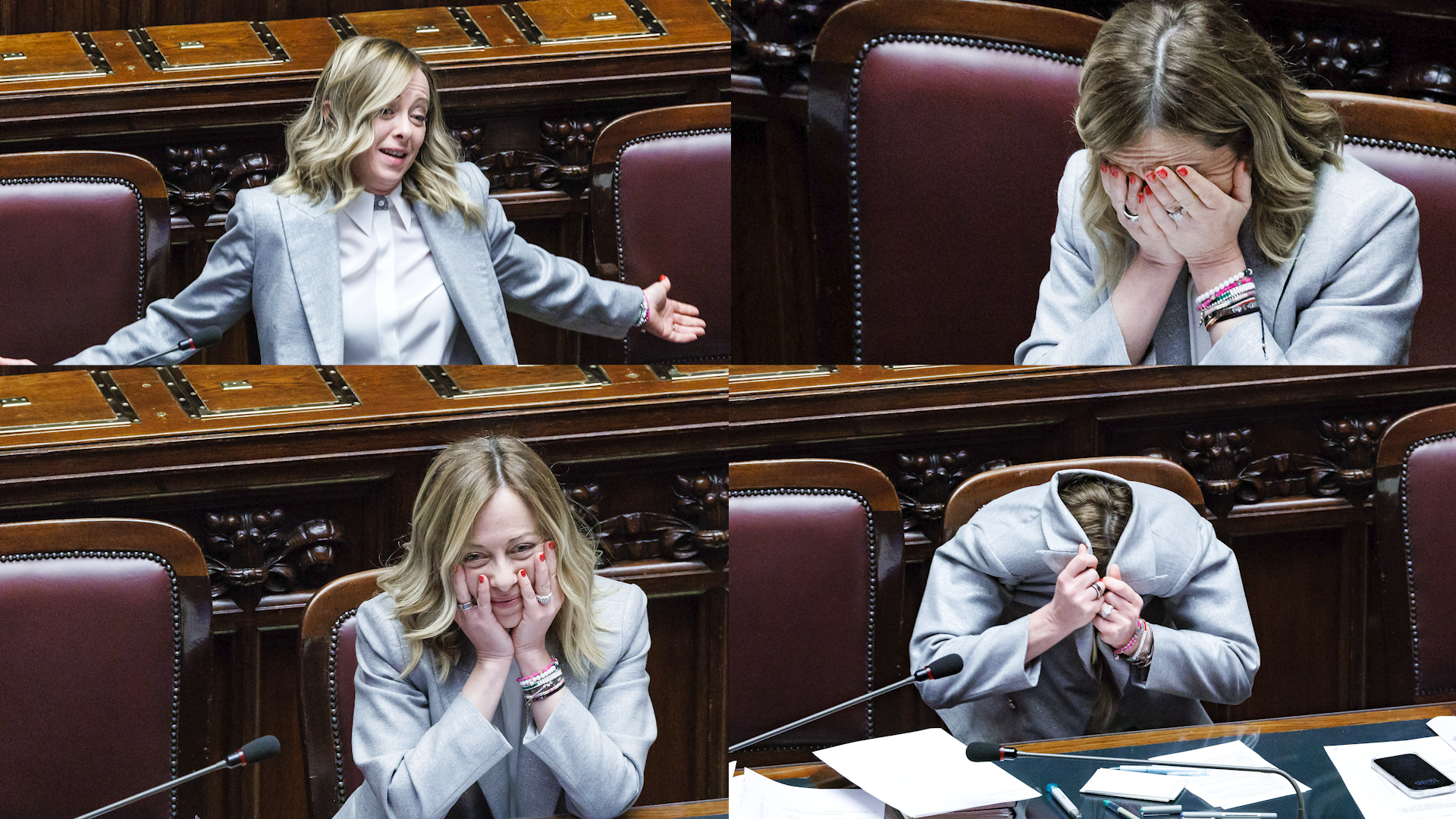 Dalla testa nella giacca alle mani sul viso: le ‘facce’ di Giorgia Meloni alla Camera Dalla testa nella giacca alle mani sul viso: le ‘facce’ di Giorgia Meloni alla Camera
