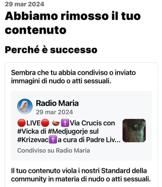 Via Crucis, la diretta Facebook di Radio Maria oscurata per immagini di nudo