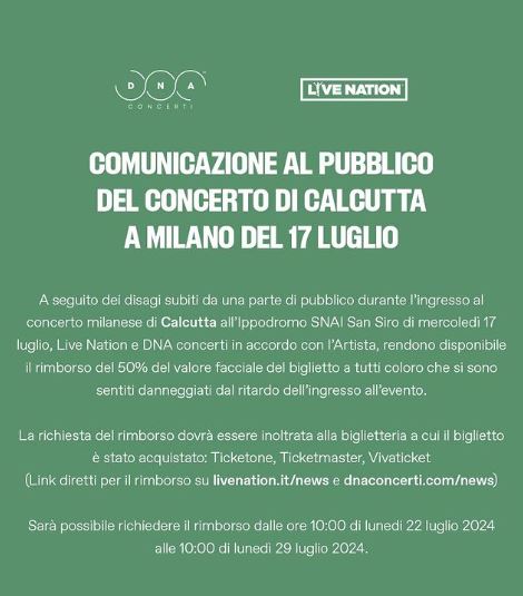 Disagi a concerto Calcutta: organizzatori offrono rimborso metà biglietto