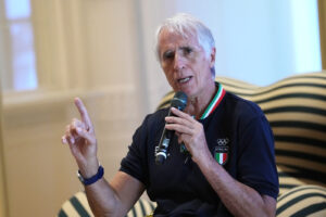 Giovanni Malago', presidente del Comitato Olimpico Italiano durante la conferenza stampa a Casa Italia alle Olimpiadi del 2024