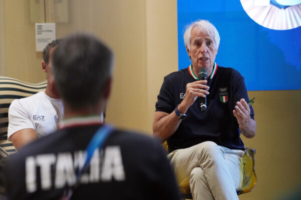 Giovanni Malago', presidente del Comitato Olimpico Italiano durante la conferenza stampa a Casa Italia alle Olimpiadi del 2024