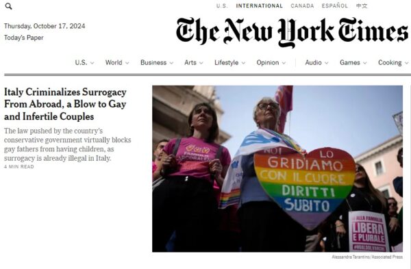 Maternità surrogata, la notizia del “reato universale” in apertura sul sito del New York Times