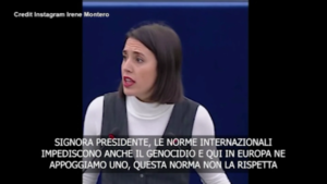 Eurodeputata Irene Montero costretta a togliersi la kefiah: “Anche genocidio è violazione ma l’Europa ne appoggia uno”