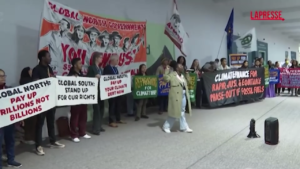 Cop29, i manifestanti protestano con un grosso serpente infuocato per chiedere un accordo sui finanziamenti per il clima