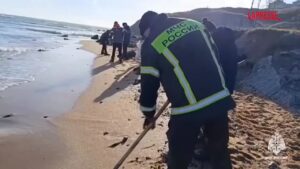 Crimea, servizi di emergenza ripuliscono spiagge dopo incidente petroliere