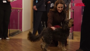 Kate Middleton al Royal Marsden Hospital saluta il cane della pet therapy