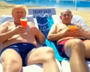 Trump posta video AI su futuro Gaza: lusso, statue d’oro e il tycoon a bordo piscina con Netanyahu