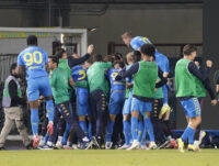 L'esultanza dei giocatori dell'Empoli dopo il gol del 2-1 nella vittoria contro il Parma nella 36esima di Serie A