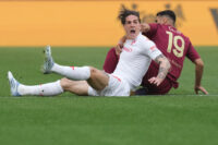 Roma’s Zeki Celik Fiorentina's Nicolo Zaniolo during the Serie A EniLive soccer match between Roma and Fiorentina at the Rome's Olympic stadium, Italy - Saturday May 4, 2025 - Sport Soccer ( Photo by Alfredo Falcone/LaPresse )