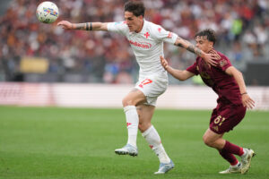 Nicolò Zaniolo nel match di Serie A tra Roma e Fiorentina del maggio 2025