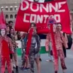 Corteo contro il riarmo, Meloni, Schlein e von der Leyen insanguinate