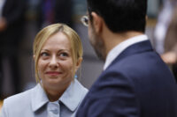 Italy's Prime Minister Giorgia Meloni, left, speaks with Cypriot President Nikos Christodoulides during a round table meeting at an EU summit in Brussels, Thursday, June 26, 2025. (AP Photo/Geert Vanden Wijngaert)