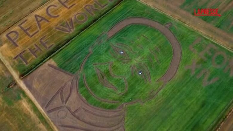 Papa Leone XIV, l’effigie del Pontefice ‘green’ disegnata col trattore: l’opera dell’artista Gambarin