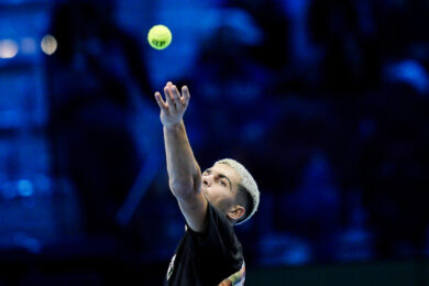 L'allenamento congiunto tra Jannik Sinner e Carlos Alcaraz prima delle Atp Finals 2025 (foto LaPresse/Marco Alpozzi)