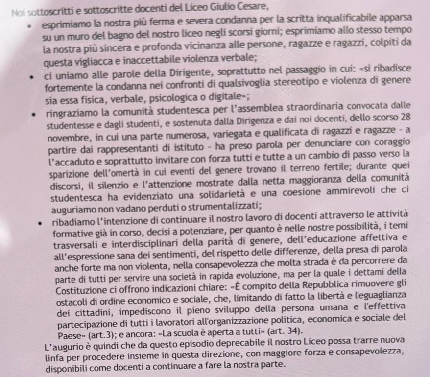 ‘Lista stupri’ al Giulio Cesare, lettera dei docenti: “Condanna ferma di scritta inqualificabile”