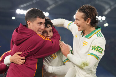 Il 16enne Antonio Arena esulta dopo aver segnato durante Roma-Torino di Coppa Italia ( Photo by Alfredo Falcone/LaPresse )