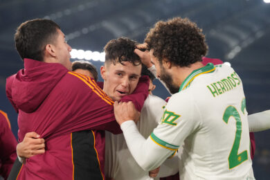 Il 16enne Antonio Arena esulta dopo aver segnato durante Roma-Torino di Coppa Italia ( Photo by Alfredo Falcone/LaPresse )