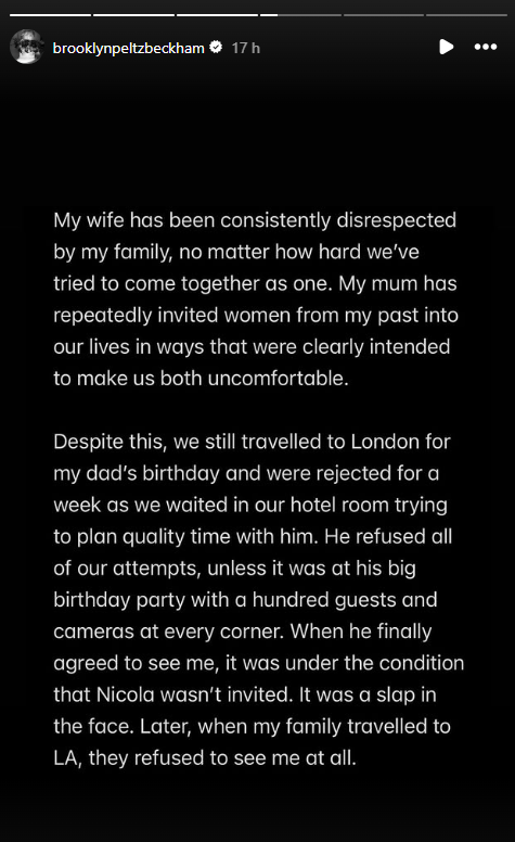 Brooklyn Beckham difende la moglie, il post di fuoco contro i genitori David e Victoria: “Umiliato, non voglio riconciliarmi”