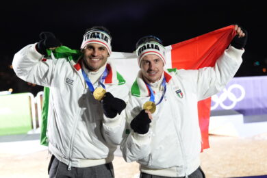 Emanuel Rieder, e Simon Kainzwaldner oro nello slittino doppio maschile alle Olimpiadi invernali del 2026, a Cortina d'Ampezzo, Italia, mercoledì 11 febbraio 2026. (Foto Spada/LaPresse)