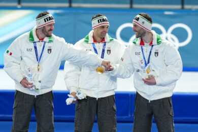 Davide Ghiotto, Andrea Giovannini e Michele Malfatti vincono l'oro nell'inseguimento a squadre maschile di pattinaggio di velocità. (Photo Gian Mattia D'Alberto/LaPresse)