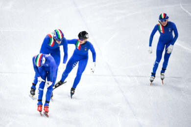 Foto LaPresse/Marco Alpozzi 05 febbraio 2022 Pechino, Cina sport XXIV Giochi olimpici invernali - Short Track - Staffetta Mista - Finale A Nella foto: SIGHEL Pietro, CASSINELLI Andrea, FONTANA Arianna, VALCEPINA Martina