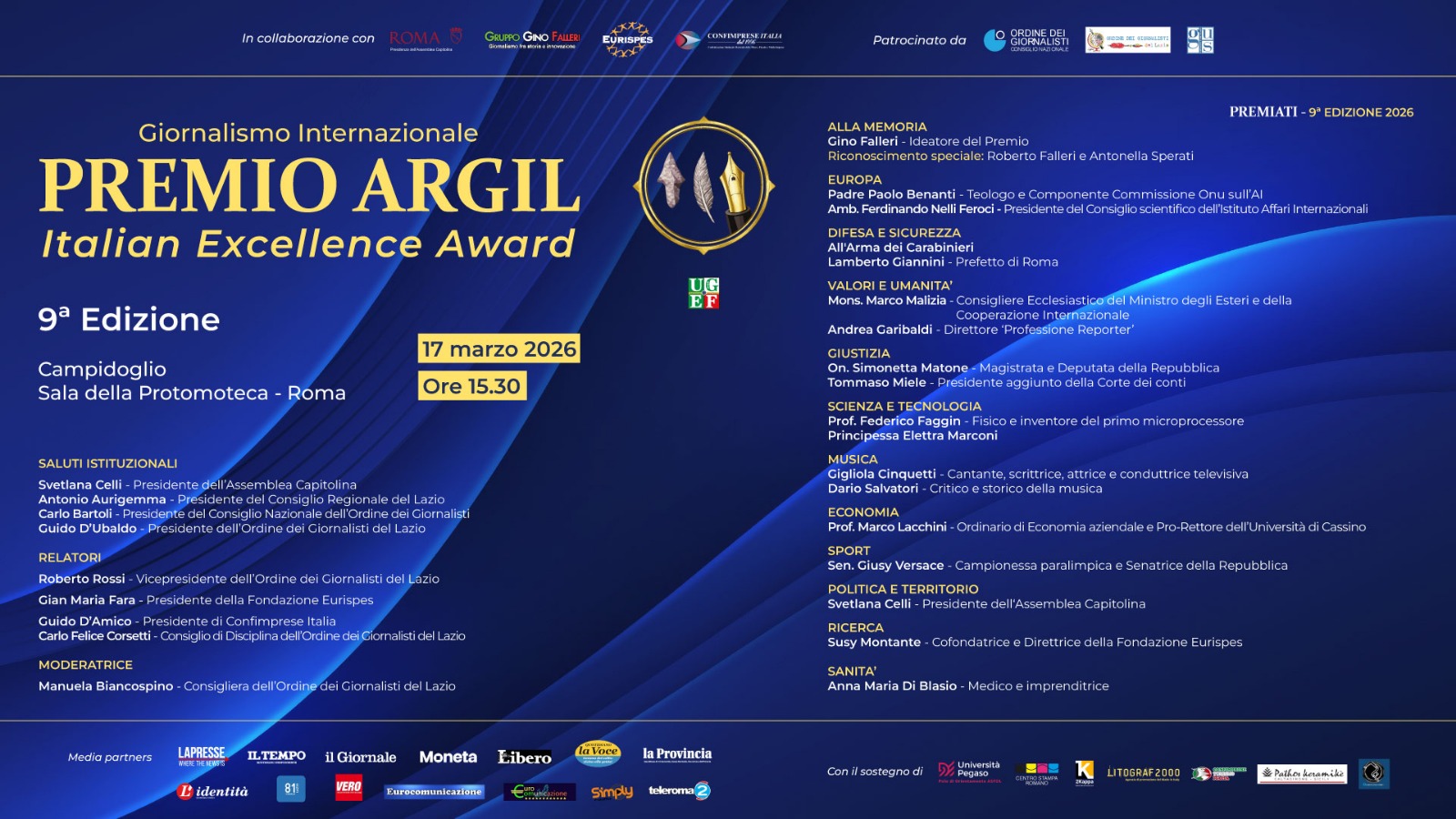 A Roma il 17 marzo il premio giornalistico Argil, riconoscimenti alle eccellenze italiane