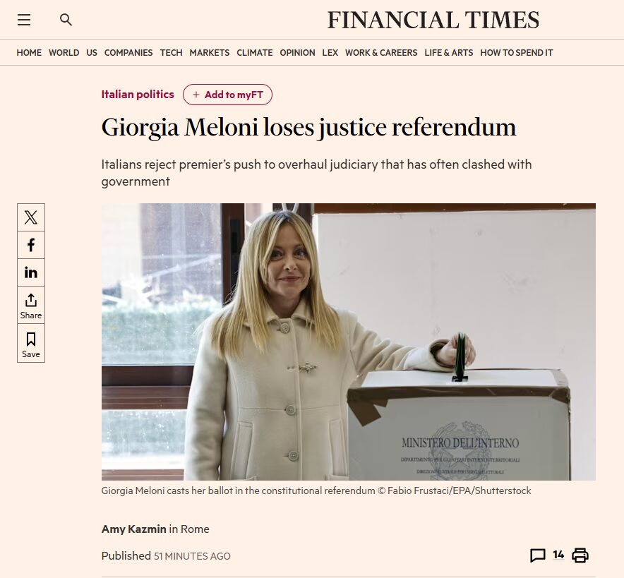 Referendum Giustizia 2026, la vittoria del ‘No’ sui giornali stranieri: “Meloni indebolita”