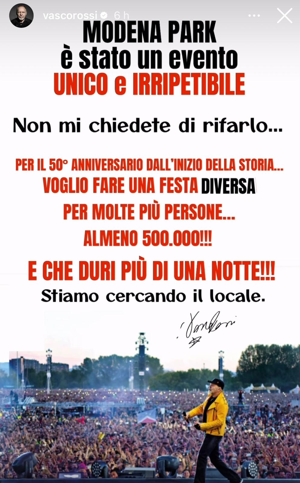 Vasco Rossi e la maxi festa per i 50 anni di carriera: “Voglio 500mila persone”